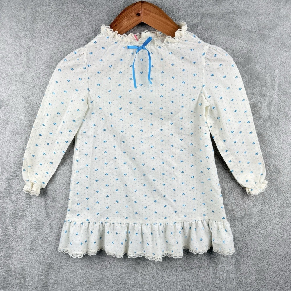 Evy Floral Lace Nightgown Girls 6X White Blue Floral USA Made Vintage 80s Bow